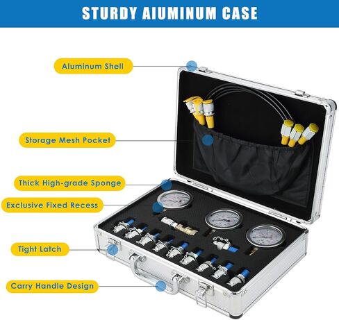 مجموعة أدوات قياس الضغط الهيدروليكي MAOPINER، قطع غيار الحفارات، أدوات اختبار الضغط الهيدروليكي، أدوات اختبار الضغط الهيدروليكي لآلات بناء الحفارات، 250/400/600Bar/11 وصلات in Kuwait