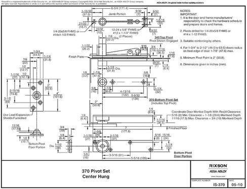 Rixson (Assa Abloy) مفصلات محورية معلقة مركزية، موديل 370، أبواب داخلية أو خارجية تصل إلى 3' 8''x 8' 6'' (500 رطل)، اللون: كروم ساتان (626) in Kuwait