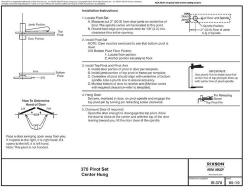 Rixson (Assa Abloy) مفصلات محورية معلقة مركزية، موديل 370، أبواب داخلية أو خارجية تصل إلى 3' 8''x 8' 6'' (500 رطل)، اللون: كروم ساتان (626) in Kuwait