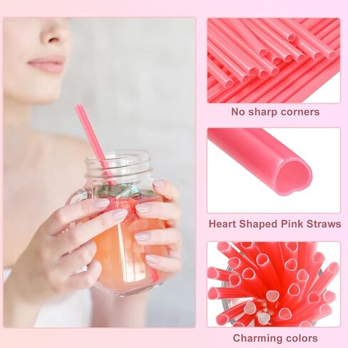 100 Pieces Valentine Straws Heart Shaped Pink Straws Plastic Disposable Cute Drinking Coffee Milk Straw Party Favors for Bridal Shower Wedding Supplies (100 Pieces) in Saudi Arabia