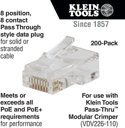 مقابس البيانات المعيارية VDV826-729 من Klein Tools، RJ45-CAT6، 10 عبوات، مطلية بالذهب، متوافقة مع الطاقة عبر إيثرنت FCC-UL-RoHS، للكابل الصلب أو المجدول in Kuwait