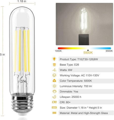 E26 LED Bulbs 6-Pack, Dimmable LED Light Bulbs 40W, 4W 2700K Soft White, T10 LED Bulb, Tubular Long Edison Bulbs for Chandelier, Wall Scones, Ceiling Light, Pendant Light in Kuwait