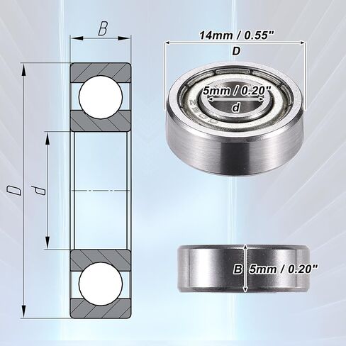ACROPIX 605ZZ 5x14x5mm Double Metal Shield Single Row Deep Groove Ball Bearings Silver Tone - Pack of 20 in Kuwait