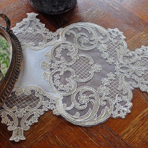 FRAGRANCOSY Elegant Vintage Lace Table Runner 36 inches(90cm) Long Beige Gold with Exquisite Macrame and Embroidered Floral Pattern Perfect as a Dresser Scarf (14X36'') in Kuwait
