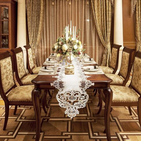 FRAGRANCOSY Elegant Vintage Lace Table Runner 36 inches(90cm) Long Beige Gold with Exquisite Macrame and Embroidered Floral Pattern Perfect as a Dresser Scarf (14X36'') in Kuwait