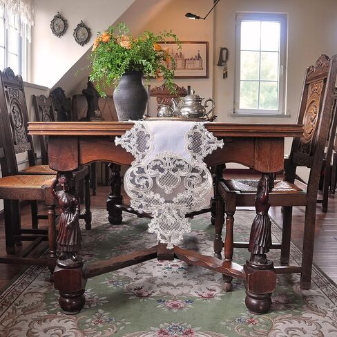 FRAGRANCOSY Elegant Vintage Lace Table Runner 36 inches(90cm) Long Beige Gold with Exquisite Macrame and Embroidered Floral Pattern Perfect as a Dresser Scarf (14X36'') in Kuwait