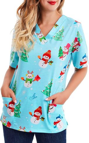 Women Scrub Tops Mock Wrap Top Holiday Christmas Print Neck Shirt, Snowman Light Blue in Saudi Arabia