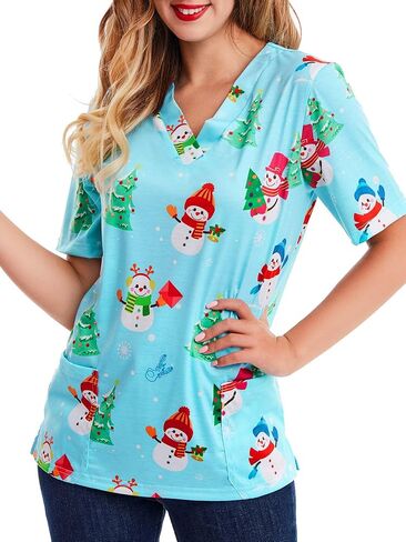 Women Scrub Tops Mock Wrap Top Holiday Christmas Print Neck Shirt, Snowman Light Blue in Saudi Arabia