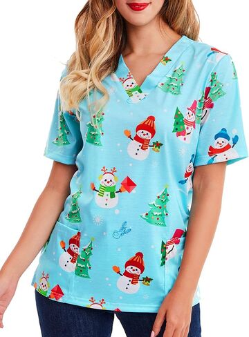 Women Scrub Tops Mock Wrap Top Holiday Christmas Print Neck Shirt, Snowman Light Blue in Saudi Arabia