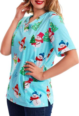Women Scrub Tops Mock Wrap Top Holiday Christmas Print Neck Shirt, Snowman Light Blue in Saudi Arabia