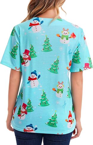 Women Scrub Tops Mock Wrap Top Holiday Christmas Print Neck Shirt, Snowman Light Blue in Saudi Arabia