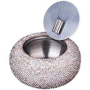 Rhinestone Ashtray with Lid, Flip Top Stainless Steel Tabletop Ashtray for Smokers, Desktop Smoking Ash Holder for Home & Office Decoration (Black)