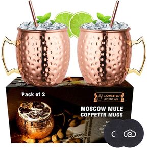 LIVEHITOP Moscow Mule Copper Mugs Set of 2, Copper Cups 19.5 Oz Cocktail Kit with Straw Coaster for Wine, Beer, Cold Drink, Bar, Party, Gifts