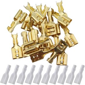 MEETOOT 100pcs 6.3mm Gold Female Spade Crimp Terminal with Insulating Sleeve Self Lock Plug Electrical Wire Splice Connectors