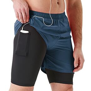 TENJOY Men's 2 in 1 Running Shorts 5 in or 7 in Quick Dry Gym Athletic Workout Shorts for Men with Phone Pockets