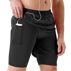 TENJOY Men's 2 in 1 Running Shorts 5 in or 7 in Quick Dry Gym Athletic Workout Shorts for Men with Phone Pockets