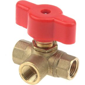 كوشار صمام كروي نحاسي مطروق ثلاثي الاتجاهات على شكل حرف T مع مقبض بلاستيكي احمر، 1/4 انش in Kuwait