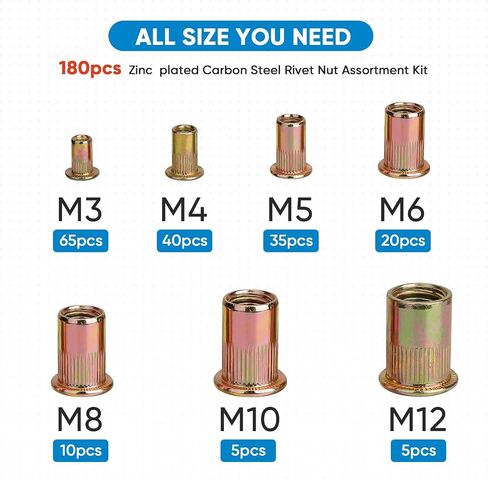 TICONN 70 Pcs SAE Rivet Nut Kit, Heavy Duty Zinc Plated Carbon Steel Flat Head Insert Nut with Knurled Body (SAE UNC 1/4"-20) in Saudi Arabia