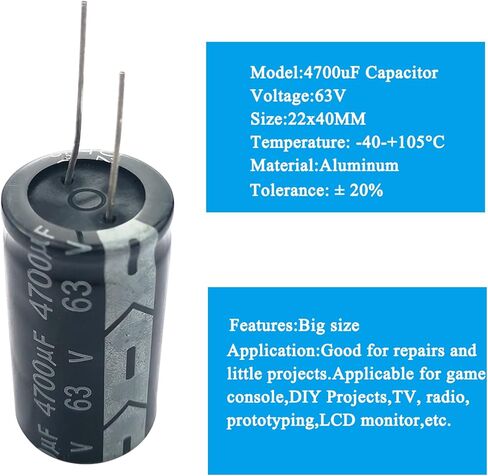 4700 فائق التوهج مكثف 63 فولت، 22 × 40 مم 4700 فائق التوهج مكثف كهربائيا 3 قطع 4700 فائق التوهج مكثف 63 فولت الألومنيوم كهربائيا المكثفات DIY لحام المشاريع الإلكترونية المتوافقة مع مجموعات اردوينو in Kuwait