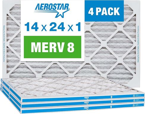 فلتر هواء Aerostar 14x24x1 MERV 8 مطوي، فلتر هواء فرن التيار المتردد، 4 عبوات (الحجم الفعلي: 13 3/4 بوصة × 23 3/4 بوصة × 3/4 بوصة)، أبيض in Kuwait