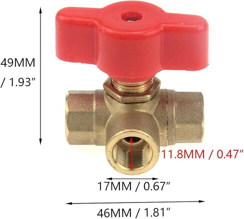 كوشار صمام كروي نحاسي مطروق ثلاثي الاتجاهات على شكل حرف T مع مقبض بلاستيكي احمر، 1/4 انش in Kuwait