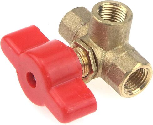 كوشار صمام كروي نحاسي مطروق ثلاثي الاتجاهات على شكل حرف T مع مقبض بلاستيكي احمر، 1/4 انش in Kuwait
