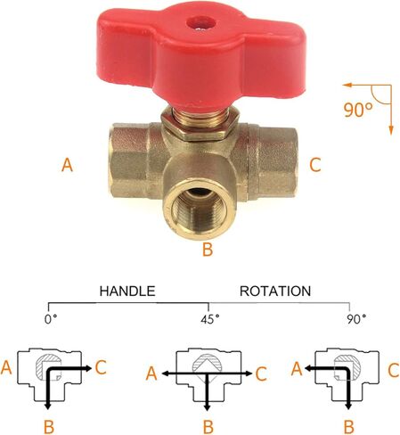 كوشار صمام كروي نحاسي مطروق ثلاثي الاتجاهات على شكل حرف T مع مقبض بلاستيكي احمر، 1/4 انش in Kuwait