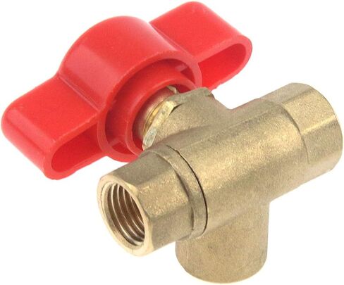 كوشار صمام كروي نحاسي مطروق ثلاثي الاتجاهات على شكل حرف T مع مقبض بلاستيكي احمر، 1/4 انش in Kuwait