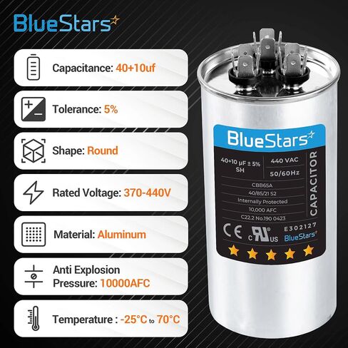 40+10 فائق التوهج 370-440VAC ±5% فولت قطعة غيار كهربائية لمكثف التشغيل الدائري من BlueStars - مناسب تمامًا لنظام التدفئة والتهوية وتكييف الهواء ومكيفات الهواء والمضخات الحرارية in Kuwait