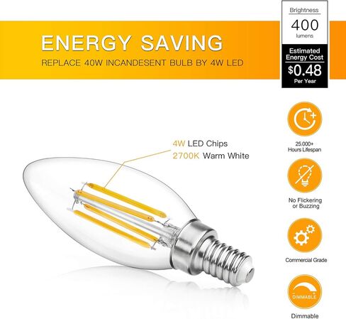 مصابيح LED MAXvolador Dimmable E12 Candelabra LED مكافئة 40W، 2700K أبيض دافئ، 4W لمبات إضاءة LED للثريا، B11 مصباح شمعة إديسون الشفاف مع قاعدة شمعدانات مزخرفة، حزمة من 12 in Kuwait