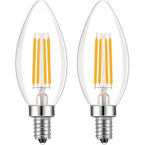 Lamsky E14 قاعدة LED لمبة خيوط على شكل شمعة، E14 لمبة قاعدة أوروبية، أبيض دافئ 2700K 400LM 40W يعادل، C35 زجاج شفاف على شكل طوربيد أعلى رصاصة، غير قابل للتعتيم (4 عبوات)