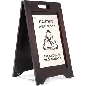 Wholesale Hotel Products Premium Wooden “Caution Wet Floor" Bilingual Sign- Real Hardwood construction, 23"x14", non-skid plastic feet, Walnut wood/Brass plate-great for hotels, condos, schools, colleges, churches, offices