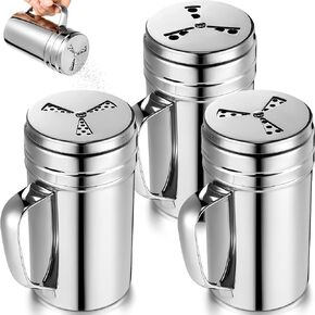 3 Pieces Seasoning Bottle with Handle Stainless Steel Spice Shaker Metal Versatile Dredge Shaker with Rotating Cover for Cooking Kitchen Gadget (Fan Style Lid,Medium Size)