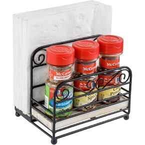 MyGift 2-in-1 Tabletop Dining Napkin Holder and Salt & Pepper Caddy, Brass Tone Metal Wire Vintage Scrollwork Paper Napkin and Condiment Rack, with Rustic Burnt Solid Wood Base