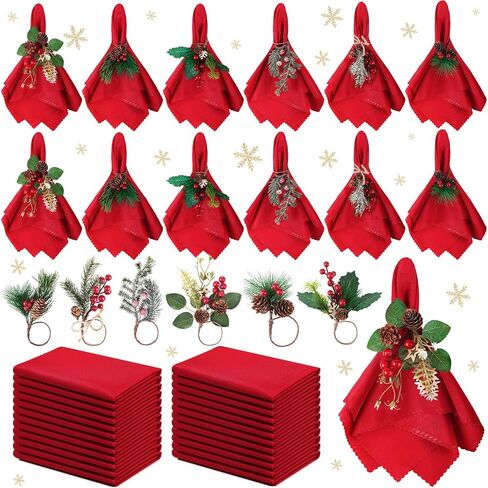Sliner 48 Pcs Christmas Napkins and Rings Set 24 Pcs Red Cloth Napkins and 24 Pcs Christmas Napkin Rings Holders for Christmas Holiday Dinner Party Table Decoration(Simple Style) in Kuwait