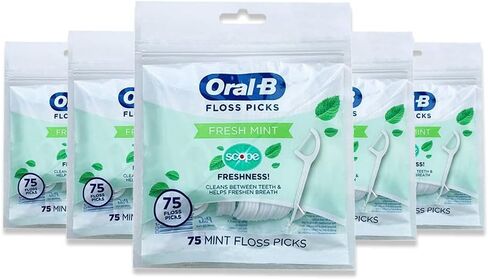 Oral-B Floss Picks Fresh Mint with Scope Freshness, Shred Resistant, 75 Count (Pack of 5) in Saudi Arabia
