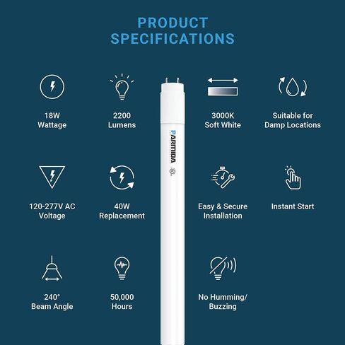 PARMIDA 20-Pack 4FT LED T8 Hybrid Type A+B Light Tube, 18W, Plug & Play or Ballast Bypass, Single-Ended OR Double-Ended Connection, 2200lm, Frosted Cover, T8 T10 T12, UL - 3000K in Saudi Arabia