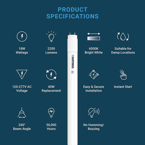 PARMIDA 20-Pack 4FT LED T8 Hybrid Type A+B Light Tube, 18W, Plug & Play or Ballast Bypass, Single-Ended OR Double-Ended Connection, 2200lm, Frosted Cover, T8 T10 T12, UL - 3000K in Saudi Arabia