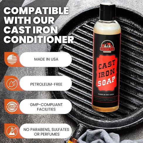 Heritage Products Cast Iron Soap – All Natural Skillet Cleaning Soap Cleans, Restores, Removes Rust from Griddle, Grill Grate, Dutch Oven - 100% Plant-Based Cast Iron Cleaner for Home and Camping in Saudi Arabia