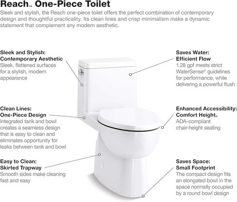 KOHLER Reach Comfort Height One-Piece Elongated 1.28 Gpf Toilet with Skirted Trapway and Left-Hand Trip Lever in Kuwait