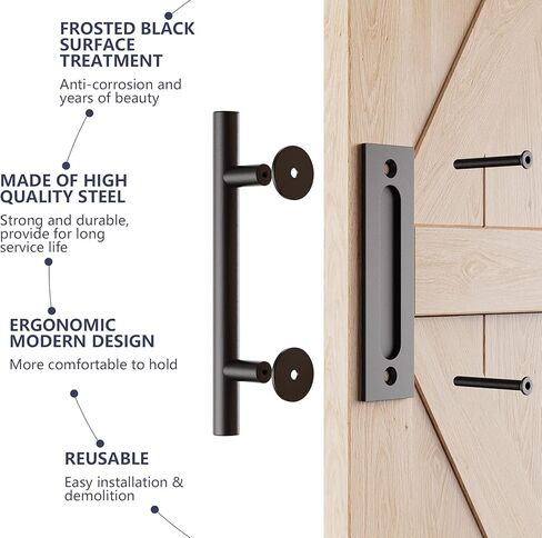 HomLxclx 12" Sliding Barn Door Handle Pull and Flush Hardware Set, Black Powder Coated Finish Round Shape, Heavy Duty Barn Door Handles-Fit 1 3/8-1 3/4" Thickness Door Panel, Easy to Install11 in Saudi Arabia