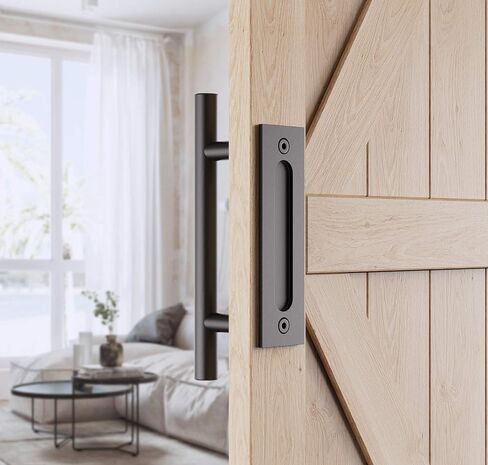 HomLxclx 12" Sliding Barn Door Handle Pull and Flush Hardware Set, Black Powder Coated Finish Round Shape, Heavy Duty Barn Door Handles-Fit 1 3/8-1 3/4" Thickness Door Panel, Easy to Install11 in Saudi Arabia