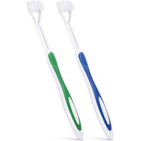 2 Pieces Autism Toothbrush Three Bristle Travel Toothbrush for Complete Teeth and Gum-Care, Great Angle Bristles Clean Each Tooth, Soft and Gentle (Green, Blue)