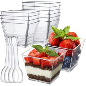 3.8 oz Plastic Dessert Cups with Spoons 50 Pack, Clear Square Mini Dessert Cups Appetizer Cups Parfait Cups Tumbler Cups for Mousse Puddings, Party Supplies