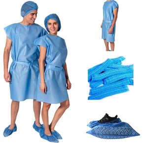 مجموعة أثواب المرضى من شركة REA، 5 أثواب عزل يمكن التخلص منها + 10 أغطية أحذية + 5 قبعات منتفخة، أثواب طبية، شركة أمريكية، ثوب تصوير الثدي بالأشعة السينية، أثواب المختبر، أثواب المستشفى للنساء والرجال، معدات الوقاية الشخصية in Kuwait