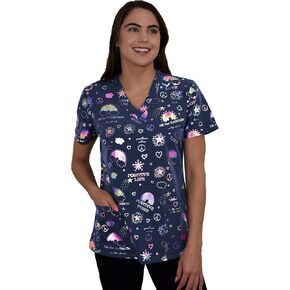Womens Medical Nursing Foil Printed Scrub Uniform Top Zinnia