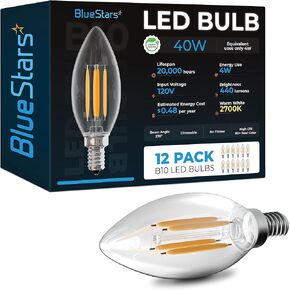 BlueStars12-PACK B10 E12 LED Bulbs DIMMABLE 4W 2700K Warm White Light, 40W Equivalent, E12 Candelabra Base B10/B11 Bullet Shape 440 lumens for Ceiling Fan and Chandelier, Energy Saving