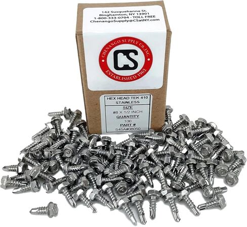 Chenango Supply غير القابل للصدأ N.8 × 1/2 بوصة رأس غسالة سداسية ذاتي الحفر من الصفائح المعدنية مع نقطة حفر، (طول 1/2 بوصة إلى 1-1/2 بوصة في القائمة) 100 قطعة (N.8 × 1/2) in Kuwait