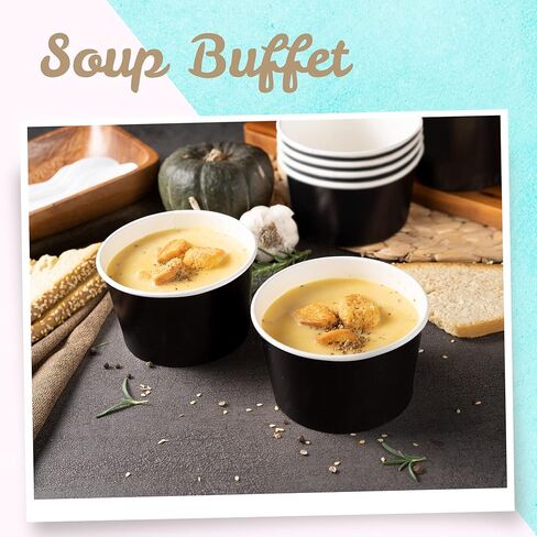 ماتيكان اكواب ورقية للايس كريم - اوعية حلوى للاستعمال مرة واحدة سعة 16 اونصة للاطعمة الساخنة او الباردة، مستلزمات الحفلات سعة 16 اونصة، اكواب حلوى للصنداي والزبادي المجمد والحساء، اسود in Kuwait