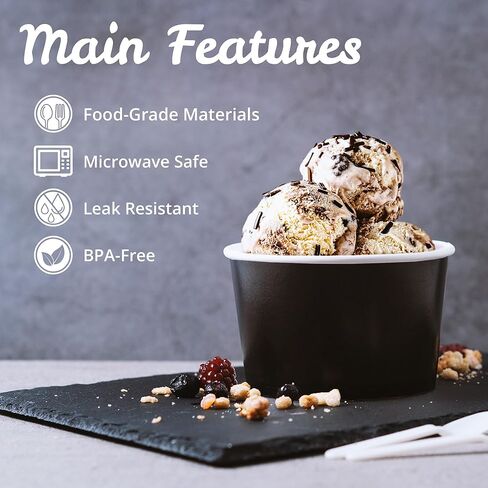 ماتيكان اكواب ورقية للايس كريم - اوعية حلوى للاستعمال مرة واحدة سعة 16 اونصة للاطعمة الساخنة او الباردة، مستلزمات الحفلات سعة 16 اونصة، اكواب حلوى للصنداي والزبادي المجمد والحساء، اسود in Kuwait